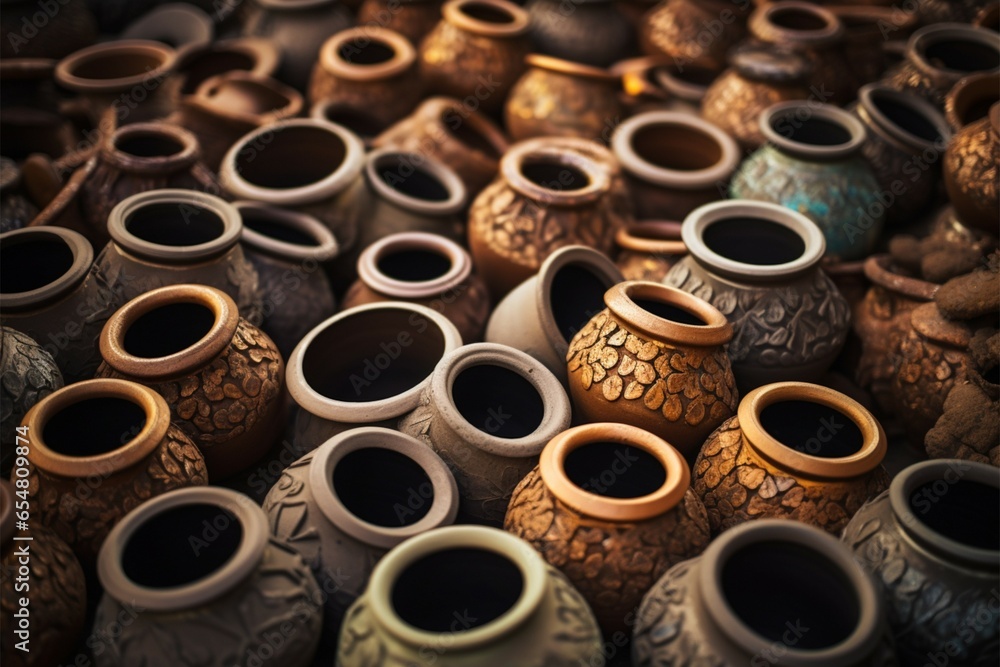 Diverse clay pots, artisan made, arranged on the markets earthy floor Diverse clay pots, artisan made, arranged on the markets earthy floor