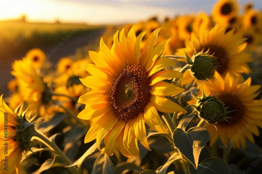 Fototapeta premium Fields of sunflowers painted in the warm colors of a setting sun