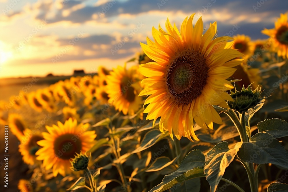 Obraz premium Fields of sunflowers painted in the warm colors of a setting sun
