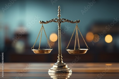 Legal symbol balanced scale of justice amidst a blurred backdrop
