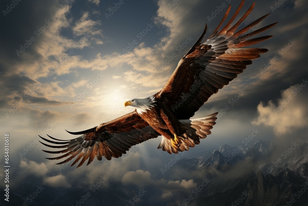 Obraz premium Majestic eagle soars beyond clouds, its essence metamorphosed