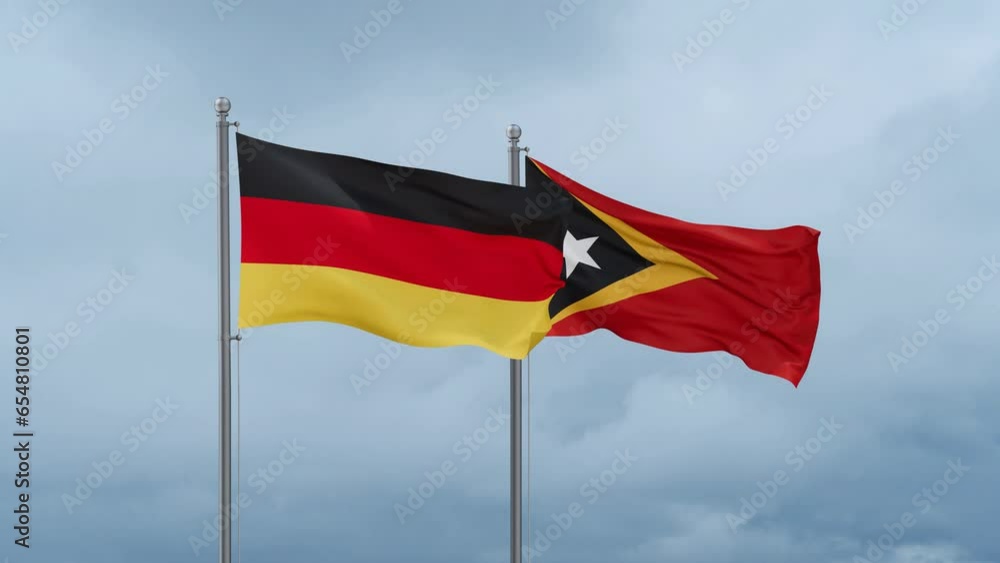 East Timor and Germany flag waving together on cloudy sky, endless seamless loop, two country cooperation concept East Timor and Germany flag waving together on cloudy sky, endless seamless loop, two country cooperation concept