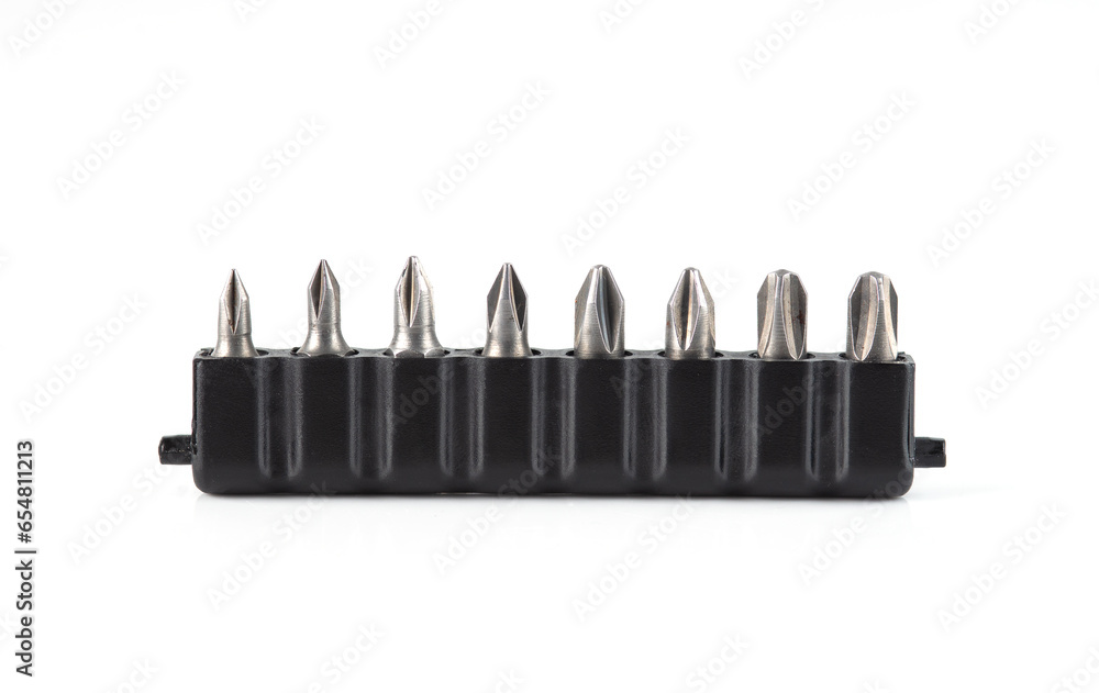 Metal screwdriver bit set for screwdriver. tool set for household and handyman use isolated on white background. Metal screwdriver bit set for screwdriver. tool set for household and handyman use isolated on white background.