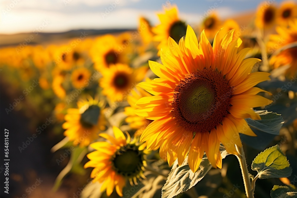 Obraz premium Sunflowers in full bloom, basking in the backdrop of a sunset