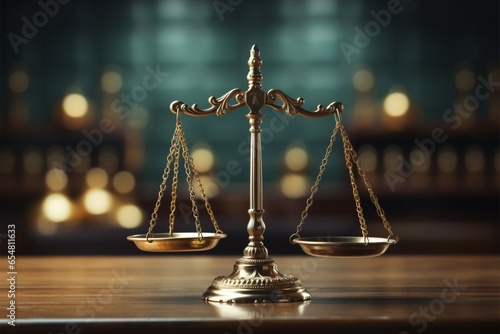 Symbolic scale of justice, blurred backdrop, embodies legal principles