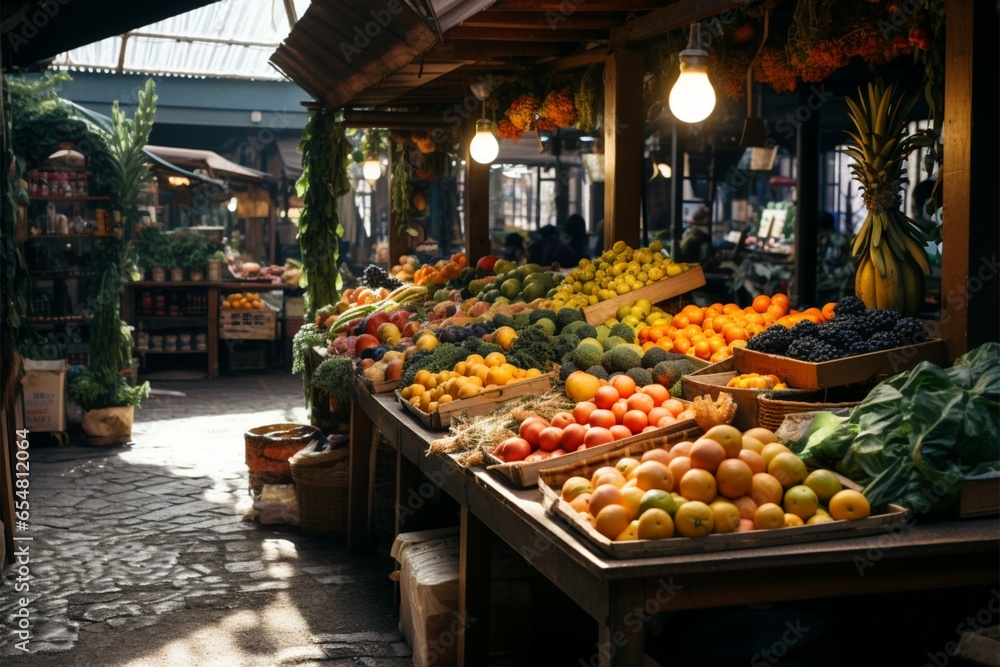 Under a roof, the local market dazzles with fresh produce
