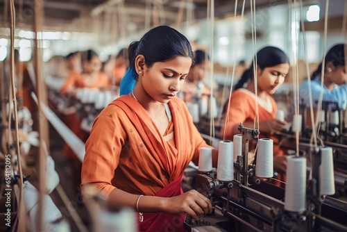 Indian female coworkers dressed in saris operating equipment producing spools in textile factory