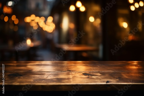 Wooden tabletop against a blurry golden cafe backdrop in dim light