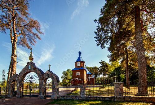 General view and close-up architectural details of the Orthodox church of St. Anthony Pechersky, built in 1868, in the town of Kuraszewo in Podlasie, Poland.