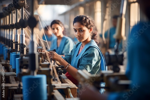 Indian female coworkers dressed in saris operating equipment producing spools in textile factory