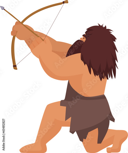 Caveman hunting with bow. Primitive hunter with old ancient weapon cartoon vector illustration