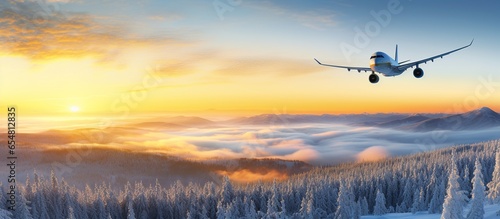 Panoramic view of airplane flying over spruce tree landscape in winter at sunrise