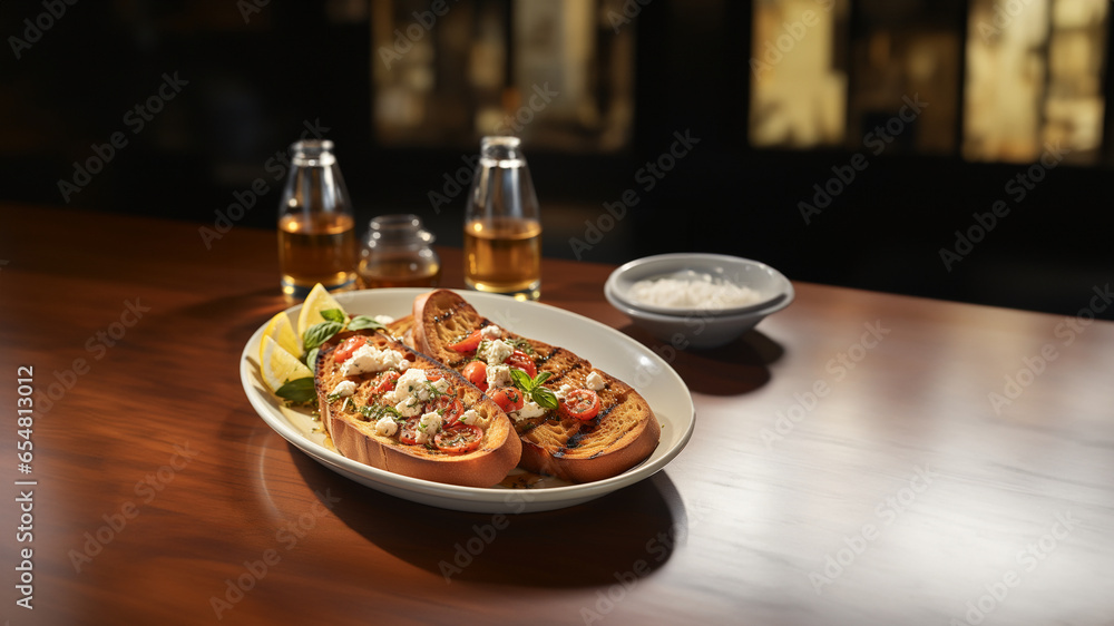 Bruschetta am Tisch lecker angerichtet im Querformat für Banner, ai generativ Bruschetta am Tisch lecker angerichtet im Querformat für Banner, ai generativ