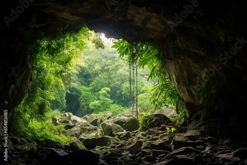 Scenic cave with window-like opening at end of hike in Arecibo, Puerto Rico. Generative AI