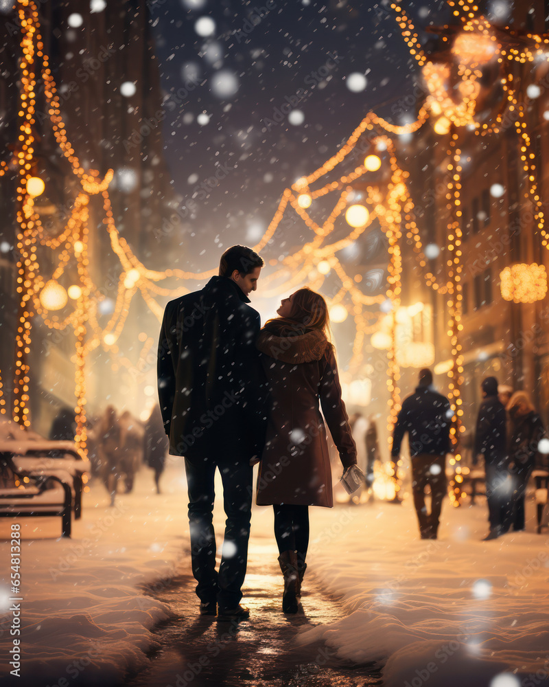 Romantic couple walking together at night under beautiful street lights at snowing