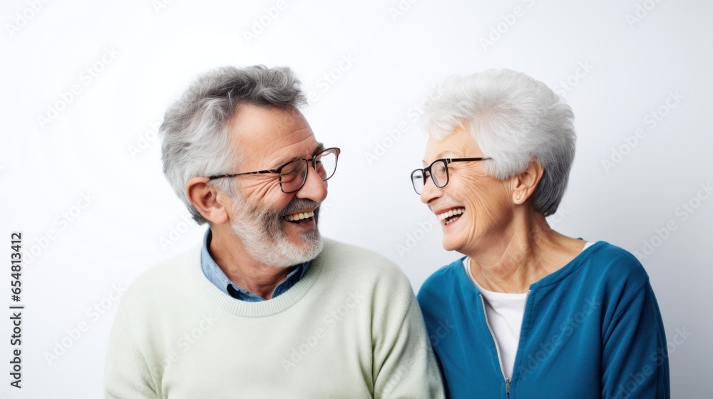 The happy older couple smiles at each other. having fun together The happy older couple smiles at each other. having fun together