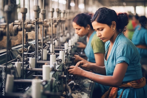 Indian female coworkers dressed in saris operating equipment producing spools in textile factory