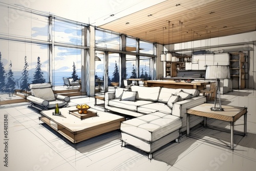 Modern living room design with blueprint. Spacious and elegant. Generative AI © Emberly