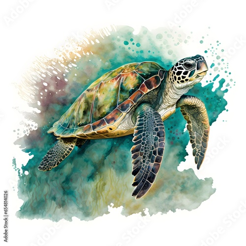 watercolour painting of endangered hawksbill turtle swimming underwater 