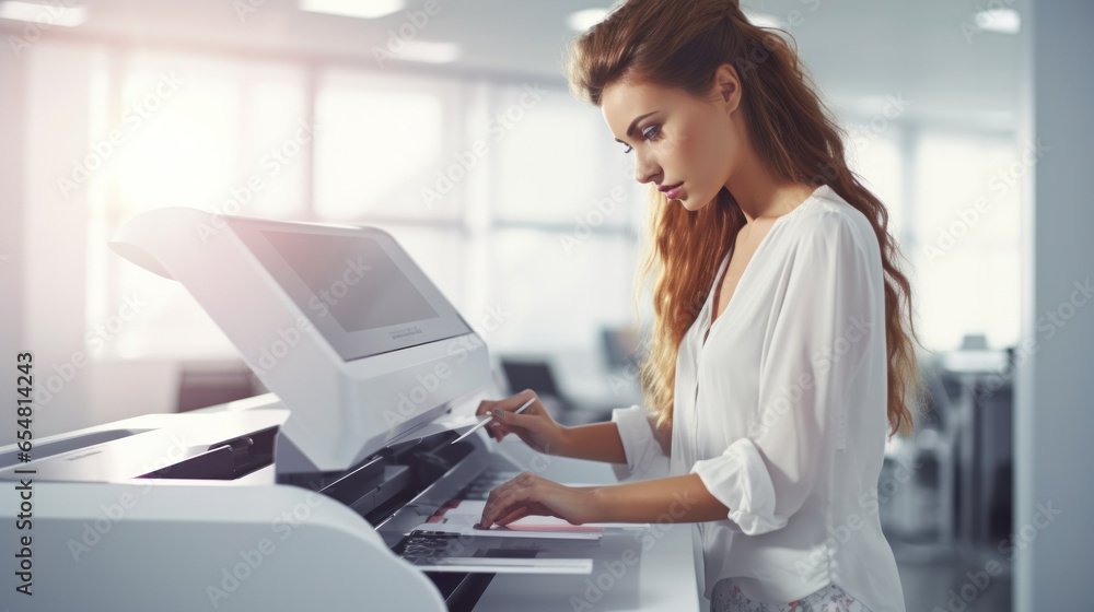 Woman using printer while working in print shop. Female printshop worker using printing device. Woman using printer while working in print shop. Female printshop worker using printing device.