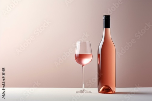 A bottle of pink wine against a plain background for realistic presentation purposes. Generative AI