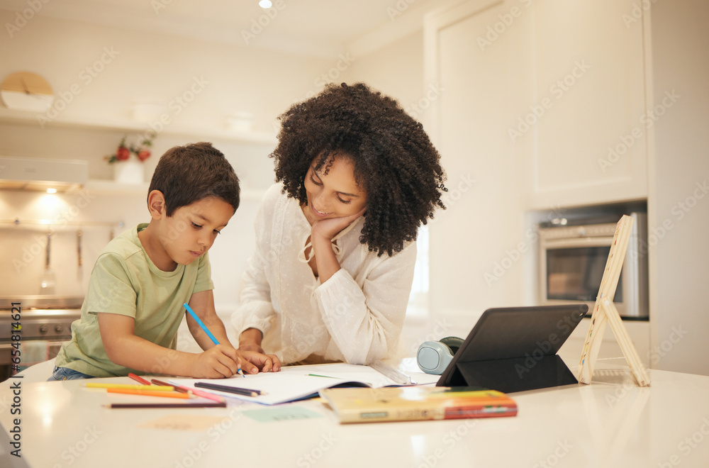 Mother, child and writing for home education, e learning and family support for creative development. Interracial mom and boy kid with books and drawing for online school, guide or teaching on tablet Mother, child and writing for home education, e learning and family support for creative development. Interracial mom and boy kid with books and drawing for online school, guide or teaching on tablet