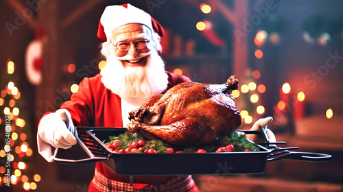 man in a Christmas apron and Santa hat holding a roasting pan with a roast goose or turkey