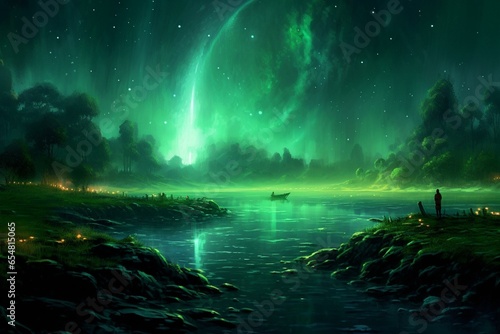 Peaceful landscape bathed in emerald lights. Generative AI