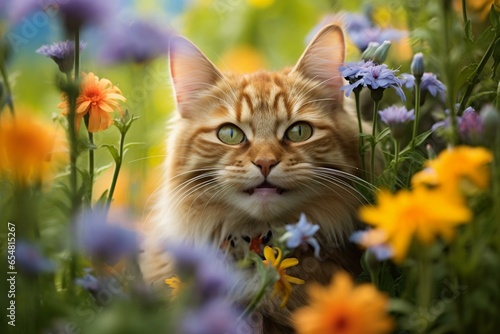 Cheerful cat amidst flowers. Generative AI
