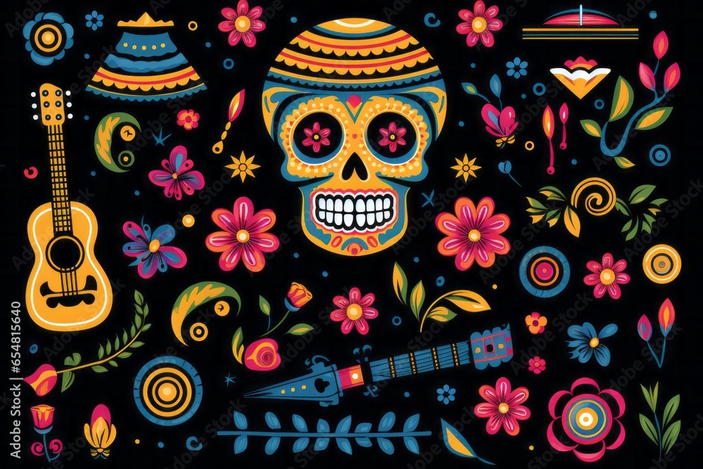 Illustration of a skull with a guitar and flowers on a black background created with Generative AI technology