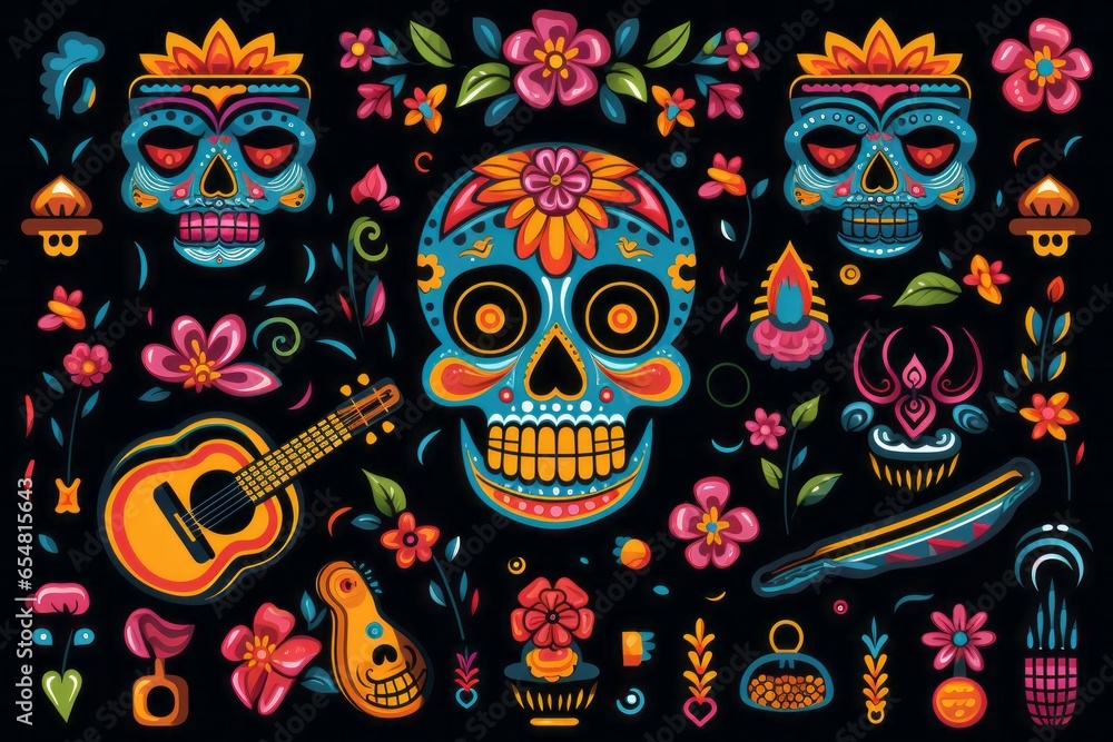 Illustration of a skull adorned with a guitar and flowers against a dark backdrop created with Generative AI technology Illustration of a skull adorned with a guitar and flowers against a dark backdrop created with Generative AI technology