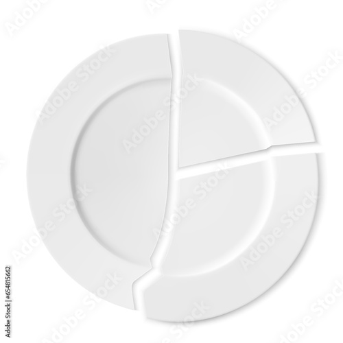 Broken white ceramic plate with shadow isolated on a white background. Realistic 3d vector illustration. Kitchen utensils, dishes, household items, tableware Fragments of glassware