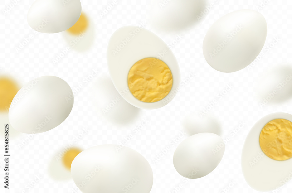 Flying hard boiled eggs , isolated on white background. Falling tasty boiled chicken egg, whole and slices. Can be used for advertising, packaging, banner, poster, print. Realistic 3d vector Flying hard boiled eggs , isolated on white background. Falling tasty boiled chicken egg, whole and slices. Can be used for advertising, packaging, banner, poster, print. Realistic 3d vector