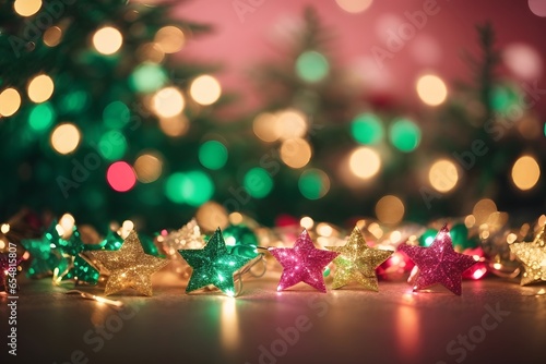 Christmas Lights. Stars on Abstract bokeh Defocused Background. New year, Christmas background with colorful stars and sparkling. Generative Ai. © kapros76