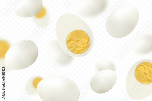 Flying hard boiled eggs , isolated on white background. Falling tasty boiled chicken egg, whole and slices. Can be used for advertising, packaging, banner, poster, print. Realistic 3d vector