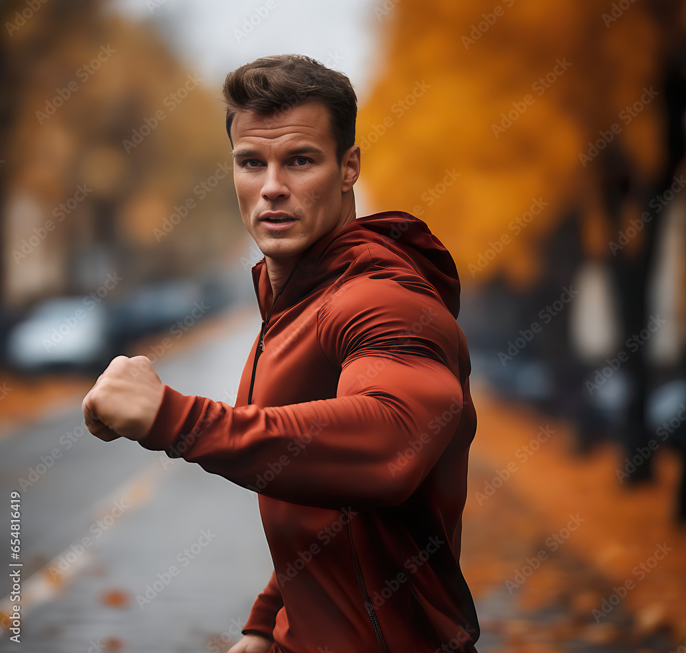 Handsome, athletic man runs through the autumn park, dressed in a brown sports suit Handsome, athletic man runs through the autumn park, dressed in a brown sports suit