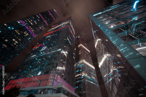 city skyscrapers at night aerial view