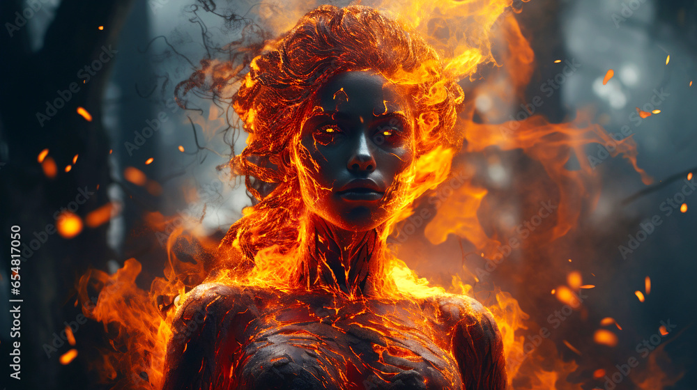 Inferno Empress: Fire Goddess Harnessing Superpowers as a Burning Superwoman - obrazy, fototapety, plakaty 
