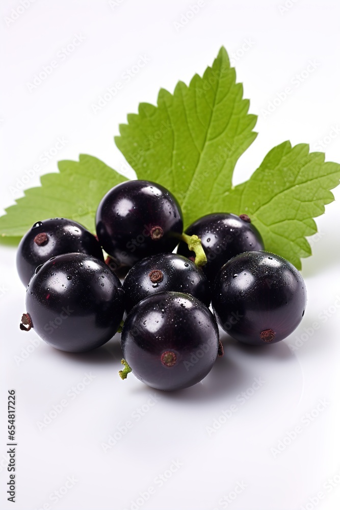 black currant with leaf isolated on a white background. With copy space for your text. Flat lay black currant with leaf isolated on a white background. With copy space for your text. Flat lay