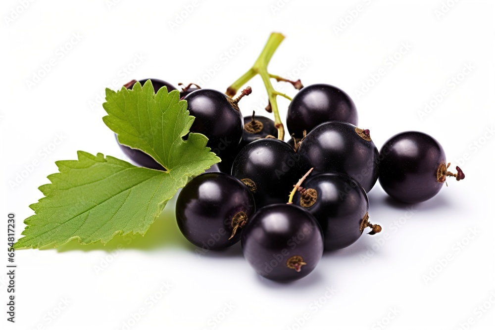 black currant with leaf isolated on a white background. With copy space for your text. Flat lay black currant with leaf isolated on a white background. With copy space for your text. Flat lay