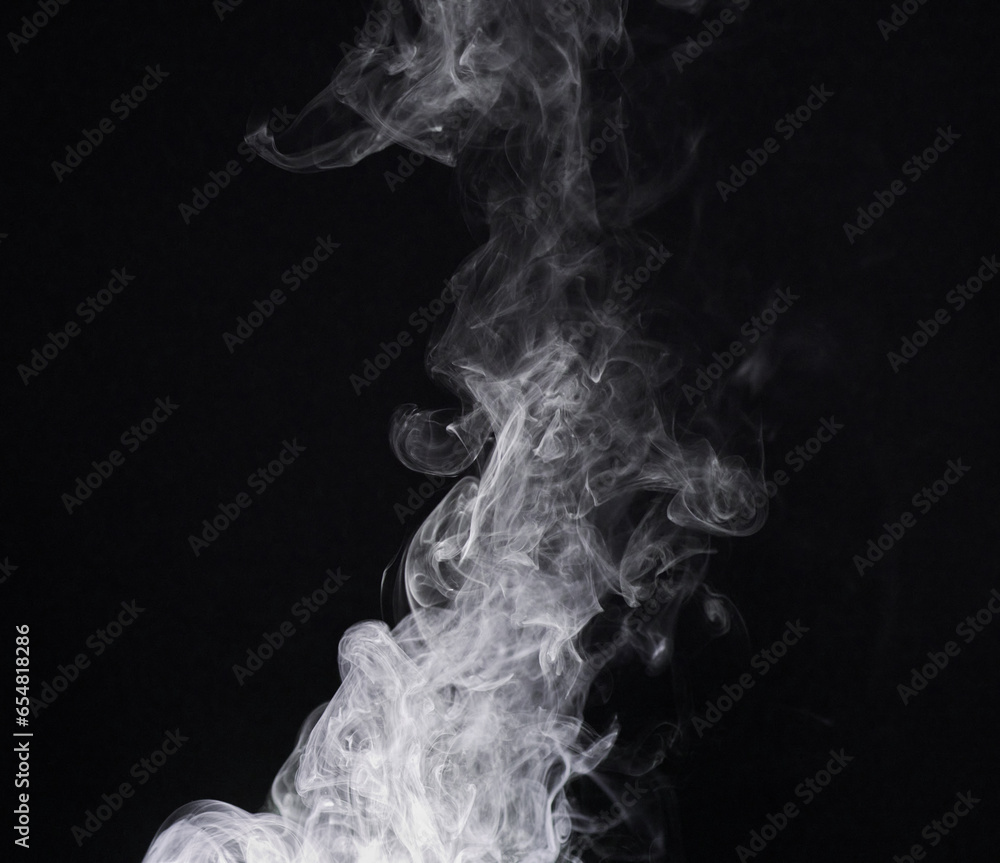 Smoke, mist or gas in a studio with dark background by mockup space for magic effect with abstract. Incense, steam or vapor fog moving in air for cloud smog pattern by black backdrop with mock up.
