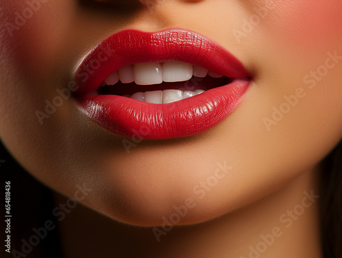 Wunderschöne sexy rote Lippen einer Frau mit Zähne Nahaufnahme, ai generativ