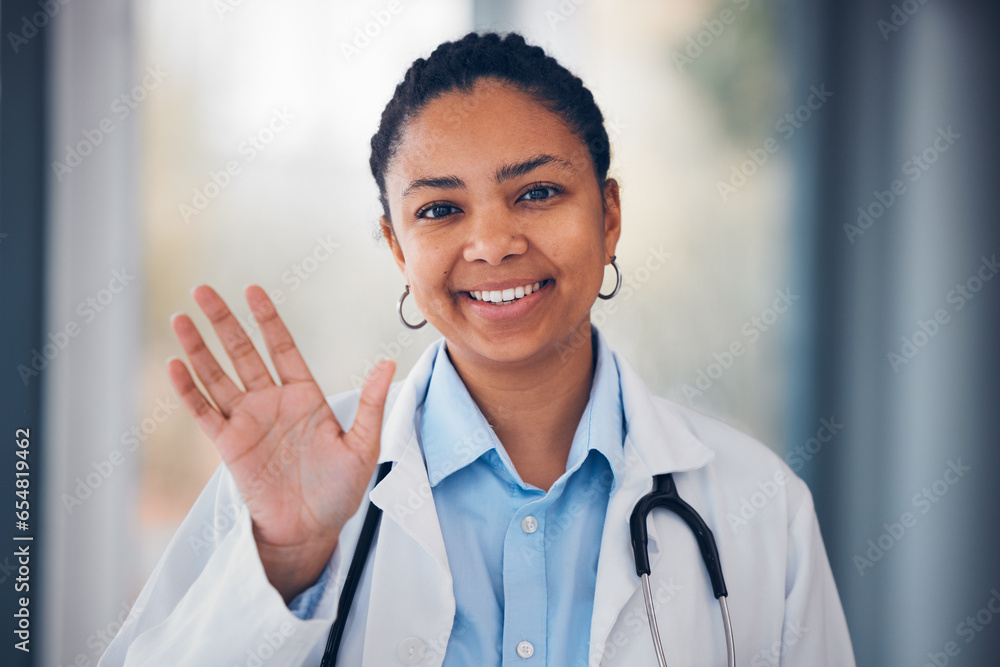 Happy woman, portrait and doctor wave hello for meeting, greeting or ...