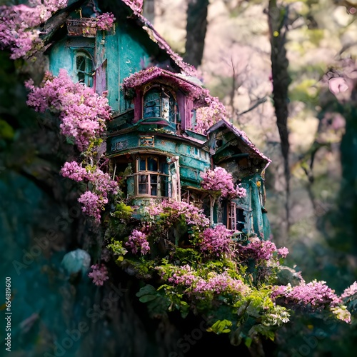 Small ornate victorian home built into mountainside forest pink and teal accents climbing wisteria eureka springs antique artistic photorealistic cinematic uhd magical 