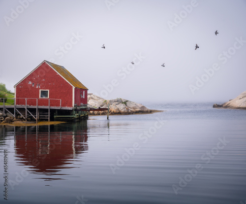 Red fishing hut, Peggy's Cove authentic fisherman village on a foggy day with flock of birds, Nova Scotia, Canada. Photo taken in September 2023.