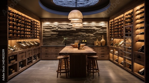 a chic wine cellar with custom wooden wine racks and soft lighting, where wine enthusiasts can savor their collection