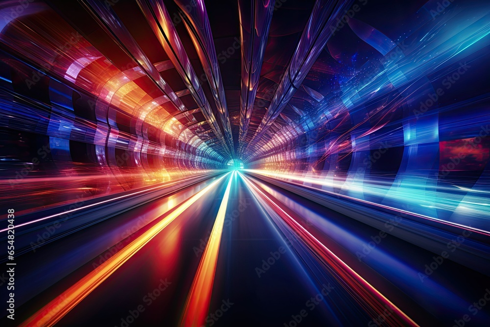 Speed Concept. High Speed Motion Blur. Fast Moving Stripe Lines with Glowing Light Flare. City Tunnel. Neon Glowing Rays in Motion. Generative AI Art. - obrazy, fototapety, plakaty 