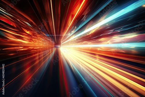 Speed Concept. High Speed Motion Blur. Fast Moving Stripe Lines with Glowing Light Flare. City Tunnel. Neon Glowing Rays in Motion. Generative AI Art. © Sci-Fi Agent