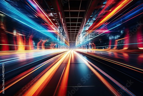 Speed Concept. High Speed Motion Blur. Fast Moving Stripe Lines with Glowing Light Flare. City Tunnel. Neon Glowing Rays in Motion. Generative AI Art.