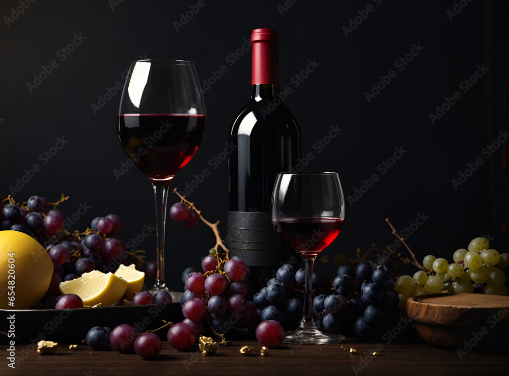 Modern still life with apples, pears, grape, bread and wine. Food and drink background. Minimal abstract lifestyle and fashion concept. With copy space.